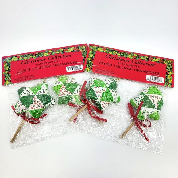 Vintage Fabric Plush Christmas Tree Ornaments Lollipop Style Patchwork Primitive - Picture 2 of 10